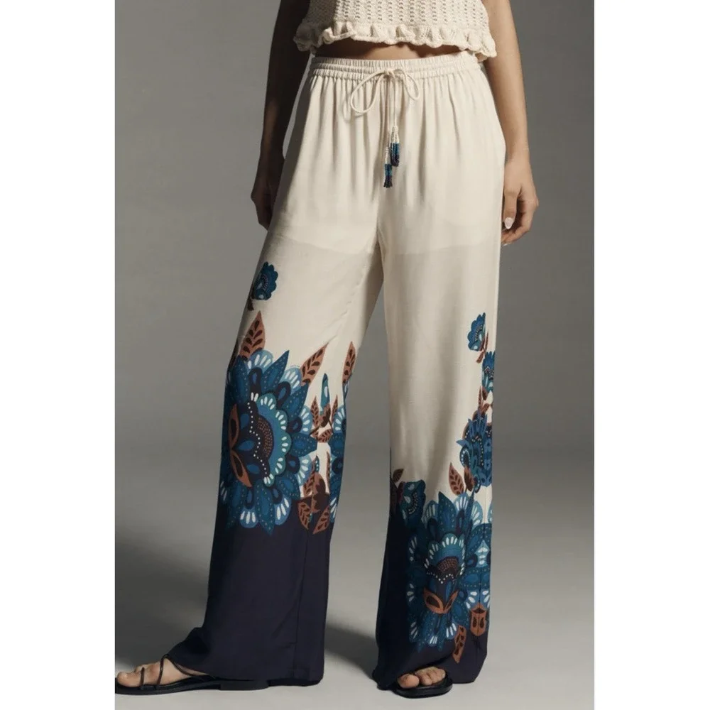 FARM RIO X Anthropologie Floral Print Martina Pants Women's S Blue Wide-Leg NWT - Picture 2 of 13